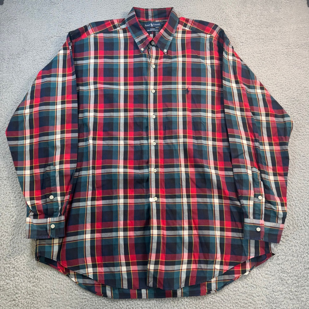 Ralph Lauren Blake Mens XL Plaid Button Down Shirt Red Navy Blue Cotton 10654